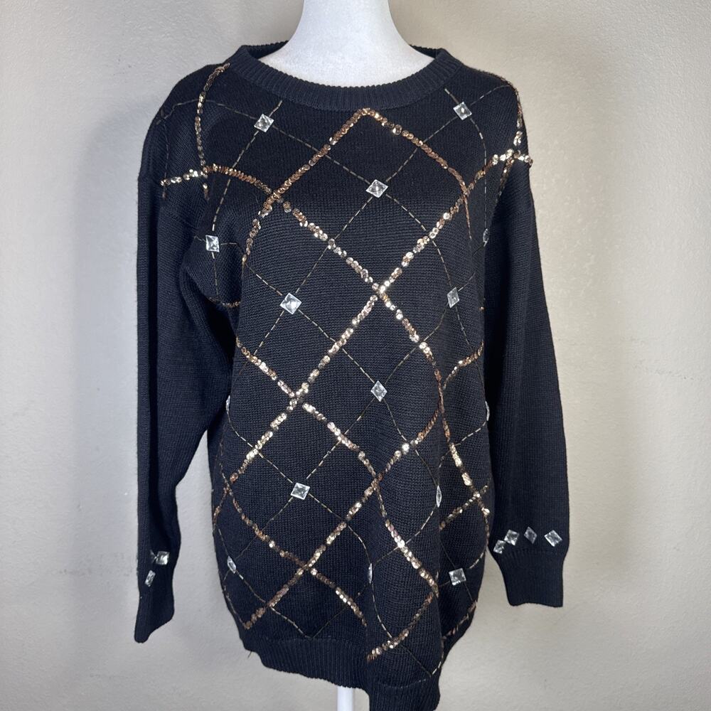 Dana Scott Ramie Embellished Black Gold Sequins Beaded Sweater S Oversized 80s